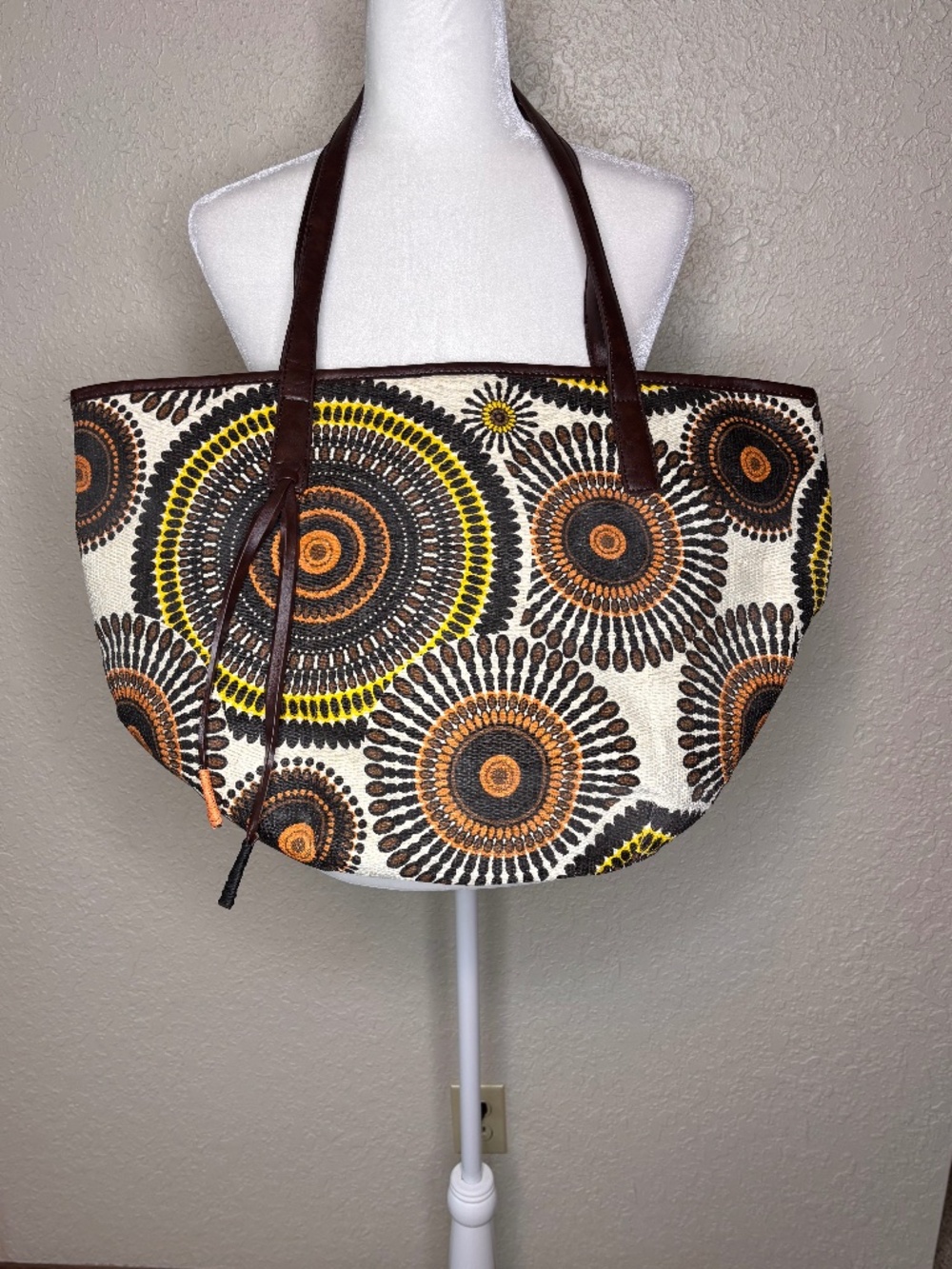 Neiman Marcus Brown Yellow Vintage 1970's Pattern Extra Large Woven Tote Bag
